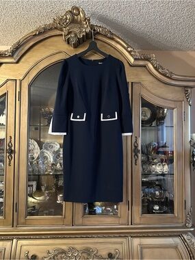DKNY Navy Midi Shift Dress with White Trim